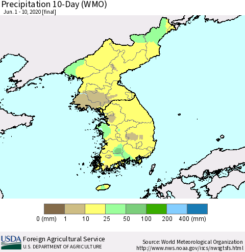 Korea Precipitation 10-Day (WMO) Thematic Map For 6/1/2020 - 6/10/2020