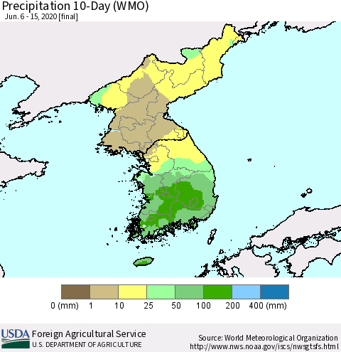 Korea Precipitation 10-Day (WMO) Thematic Map For 6/6/2020 - 6/15/2020