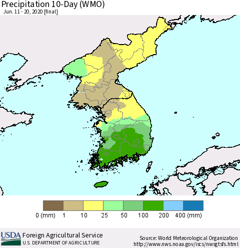 Korea Precipitation 10-Day (WMO) Thematic Map For 6/11/2020 - 6/20/2020