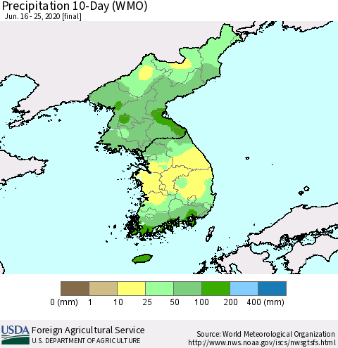 Korea Precipitation 10-Day (WMO) Thematic Map For 6/16/2020 - 6/25/2020