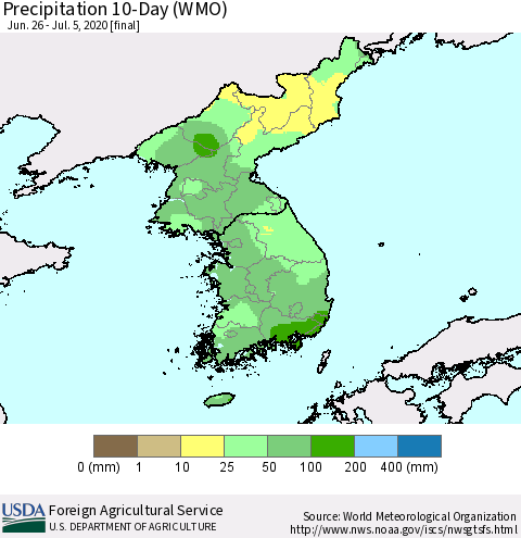 Korea Precipitation 10-Day (WMO) Thematic Map For 6/26/2020 - 7/5/2020