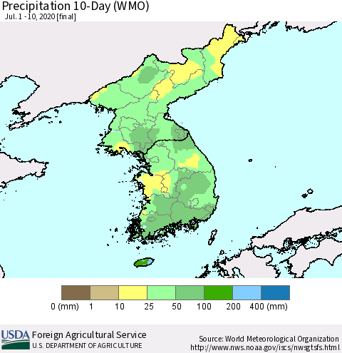 Korea Precipitation 10-Day (WMO) Thematic Map For 7/1/2020 - 7/10/2020