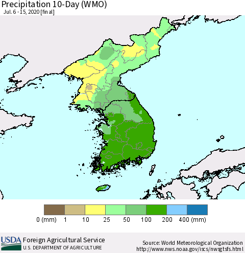 Korea Precipitation 10-Day (WMO) Thematic Map For 7/6/2020 - 7/15/2020