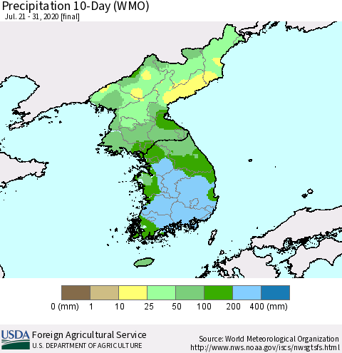 Korea Precipitation 10-Day (WMO) Thematic Map For 7/21/2020 - 7/31/2020