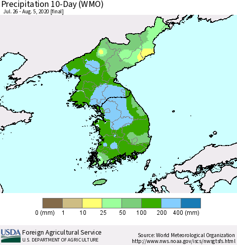 Korea Precipitation 10-Day (WMO) Thematic Map For 7/26/2020 - 8/5/2020