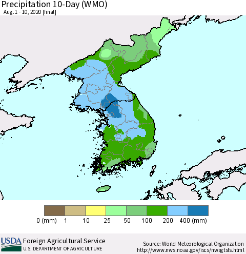 Korea Precipitation 10-Day (WMO) Thematic Map For 8/1/2020 - 8/10/2020