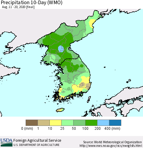Korea Precipitation 10-Day (WMO) Thematic Map For 8/11/2020 - 8/20/2020