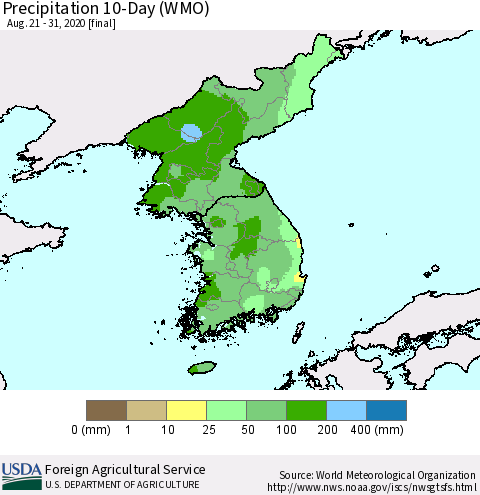 Korea Precipitation 10-Day (WMO) Thematic Map For 8/21/2020 - 8/31/2020