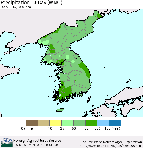 Korea Precipitation 10-Day (WMO) Thematic Map For 9/6/2020 - 9/15/2020