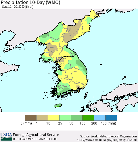 Korea Precipitation 10-Day (WMO) Thematic Map For 9/11/2020 - 9/20/2020