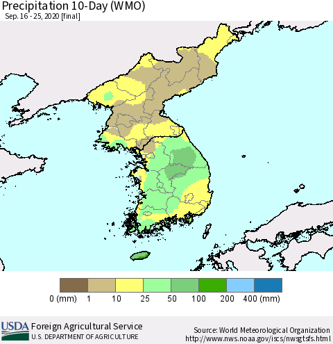 Korea Precipitation 10-Day (WMO) Thematic Map For 9/16/2020 - 9/25/2020