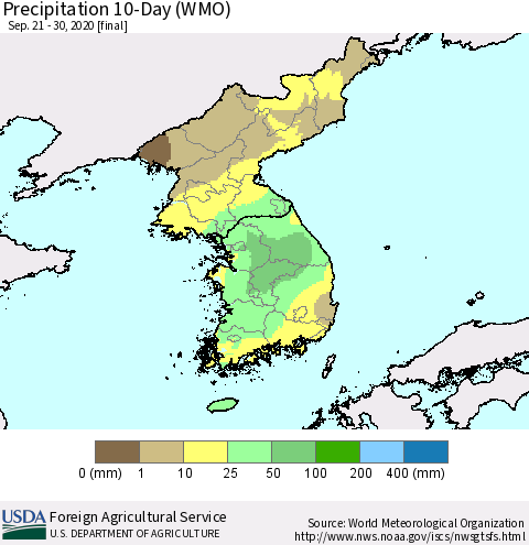 Korea Precipitation 10-Day (WMO) Thematic Map For 9/21/2020 - 9/30/2020