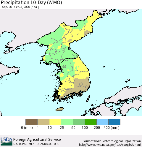 Korea Precipitation 10-Day (WMO) Thematic Map For 9/26/2020 - 10/5/2020