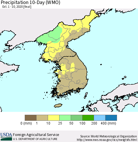 Korea Precipitation 10-Day (WMO) Thematic Map For 10/1/2020 - 10/10/2020