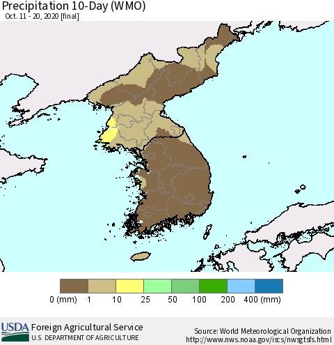 Korea Precipitation 10-Day (WMO) Thematic Map For 10/11/2020 - 10/20/2020