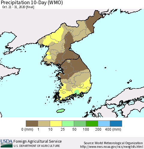Korea Precipitation 10-Day (WMO) Thematic Map For 10/21/2020 - 10/31/2020