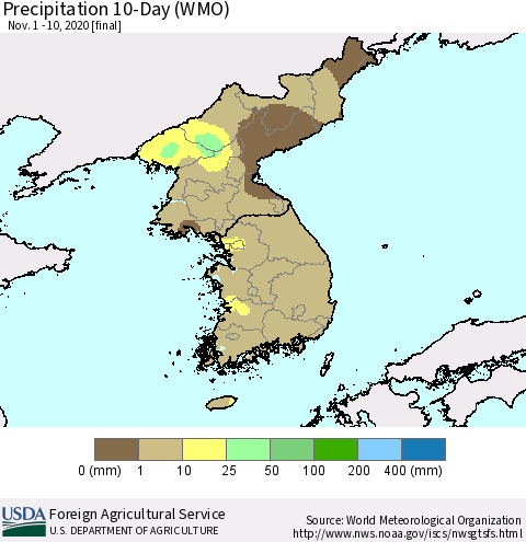 Korea Precipitation 10-Day (WMO) Thematic Map For 11/1/2020 - 11/10/2020
