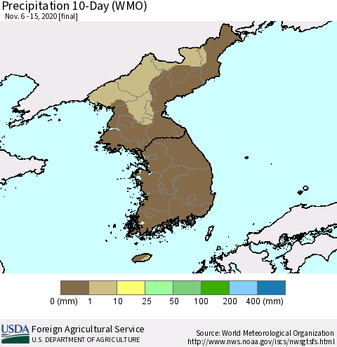 Korea Precipitation 10-Day (WMO) Thematic Map For 11/6/2020 - 11/15/2020