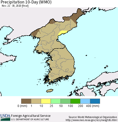 Korea Precipitation 10-Day (WMO) Thematic Map For 11/21/2020 - 11/30/2020