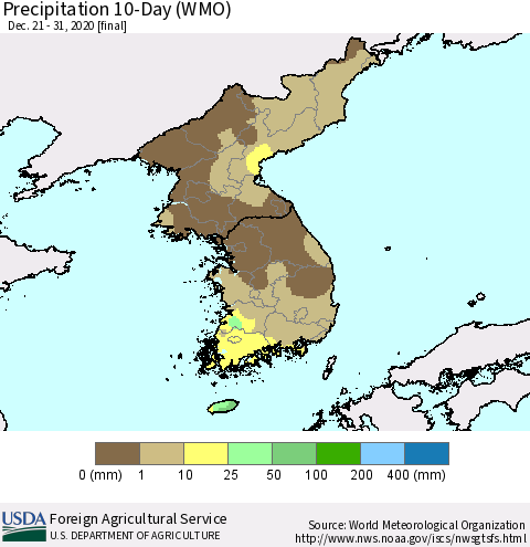Korea Precipitation 10-Day (WMO) Thematic Map For 12/21/2020 - 12/31/2020
