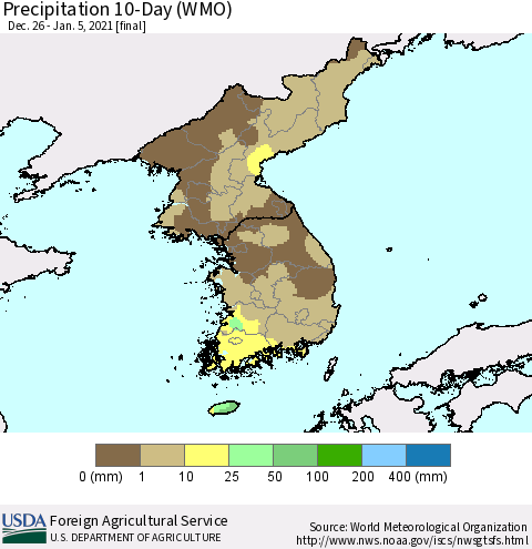 Korea Precipitation 10-Day (WMO) Thematic Map For 12/26/2020 - 1/5/2021