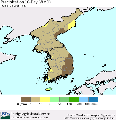 Korea Precipitation 10-Day (WMO) Thematic Map For 1/6/2021 - 1/15/2021