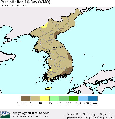 Korea Precipitation 10-Day (WMO) Thematic Map For 1/11/2021 - 1/20/2021