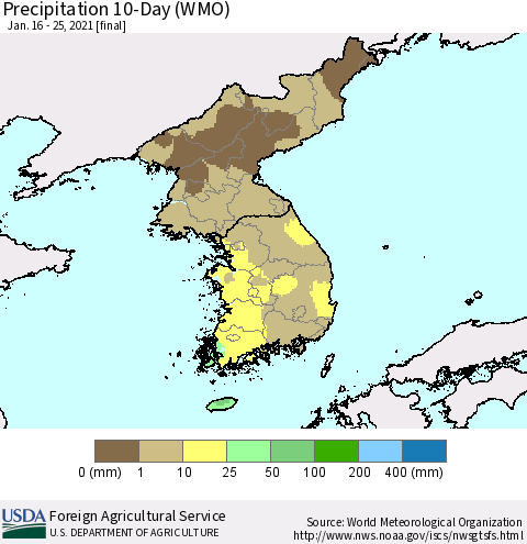 Korea Precipitation 10-Day (WMO) Thematic Map For 1/16/2021 - 1/25/2021