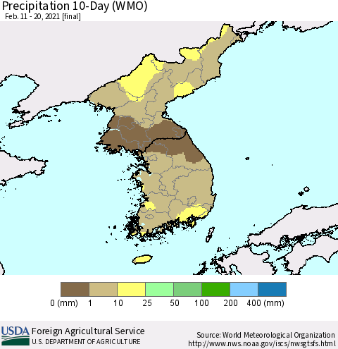 Korea Precipitation 10-Day (WMO) Thematic Map For 2/11/2021 - 2/20/2021
