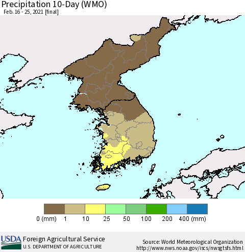Korea Precipitation 10-Day (WMO) Thematic Map For 2/16/2021 - 2/25/2021