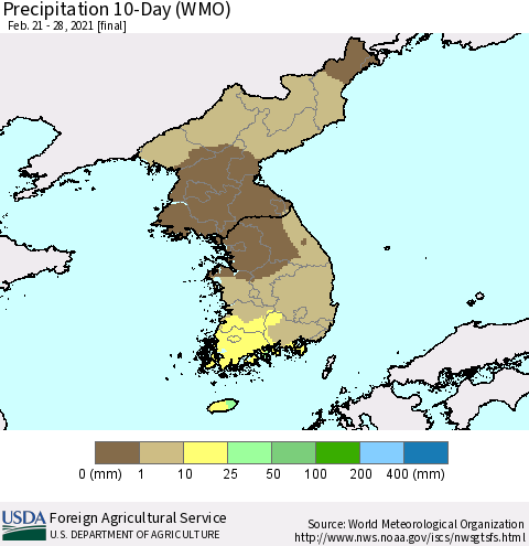 Korea Precipitation 10-Day (WMO) Thematic Map For 2/21/2021 - 2/28/2021