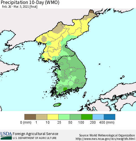 Korea Precipitation 10-Day (WMO) Thematic Map For 2/26/2021 - 3/5/2021