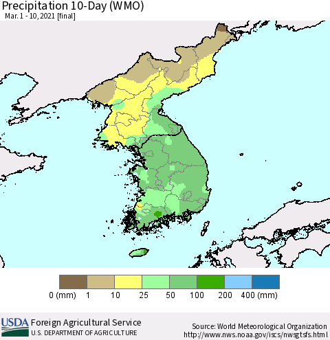 Korea Precipitation 10-Day (WMO) Thematic Map For 3/1/2021 - 3/10/2021