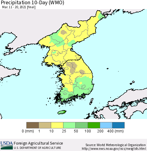 Korea Precipitation 10-Day (WMO) Thematic Map For 3/11/2021 - 3/20/2021