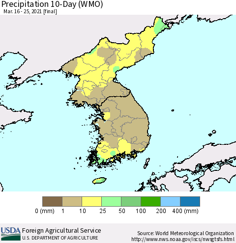 Korea Precipitation 10-Day (WMO) Thematic Map For 3/16/2021 - 3/25/2021