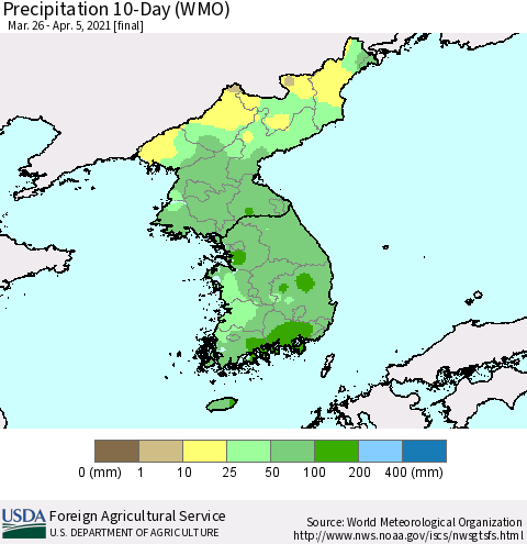 Korea Precipitation 10-Day (WMO) Thematic Map For 3/26/2021 - 4/5/2021