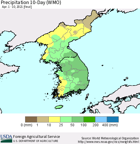 Korea Precipitation 10-Day (WMO) Thematic Map For 4/1/2021 - 4/10/2021