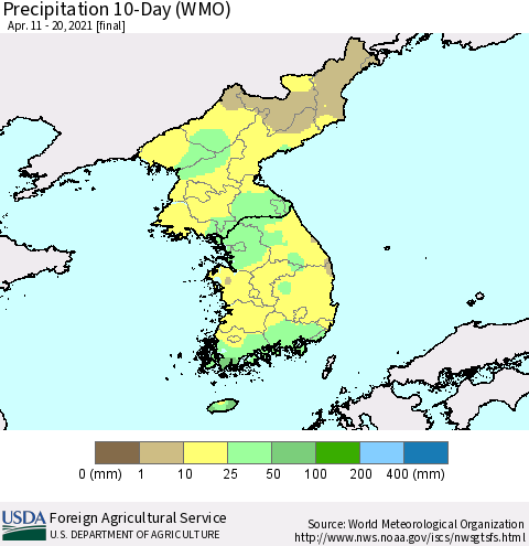 Korea Precipitation 10-Day (WMO) Thematic Map For 4/11/2021 - 4/20/2021