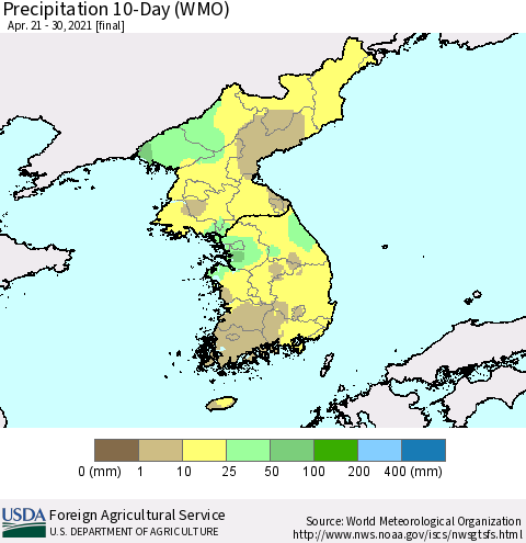 Korea Precipitation 10-Day (WMO) Thematic Map For 4/21/2021 - 4/30/2021