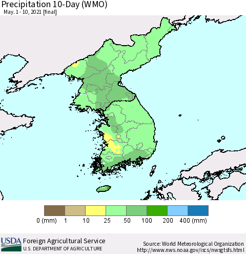 Korea Precipitation 10-Day (WMO) Thematic Map For 5/1/2021 - 5/10/2021