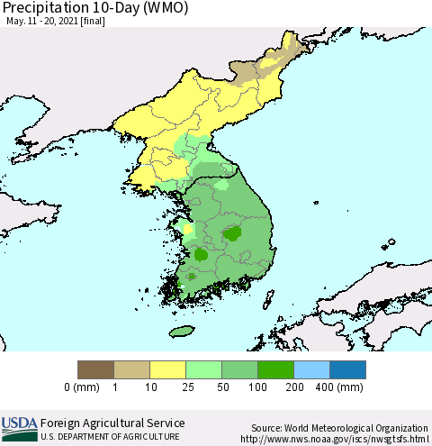 Korea Precipitation 10-Day (WMO) Thematic Map For 5/11/2021 - 5/20/2021