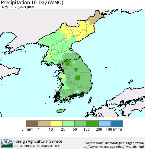 Korea Precipitation 10-Day (WMO) Thematic Map For 5/16/2021 - 5/25/2021