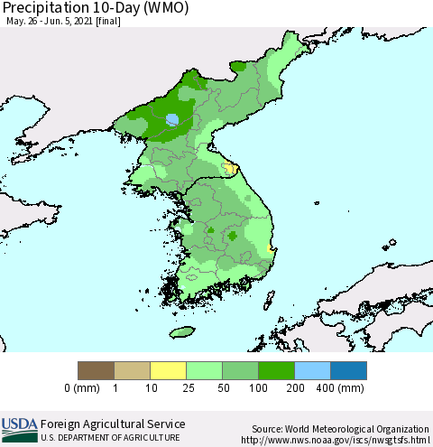 Korea Precipitation 10-Day (WMO) Thematic Map For 5/26/2021 - 6/5/2021