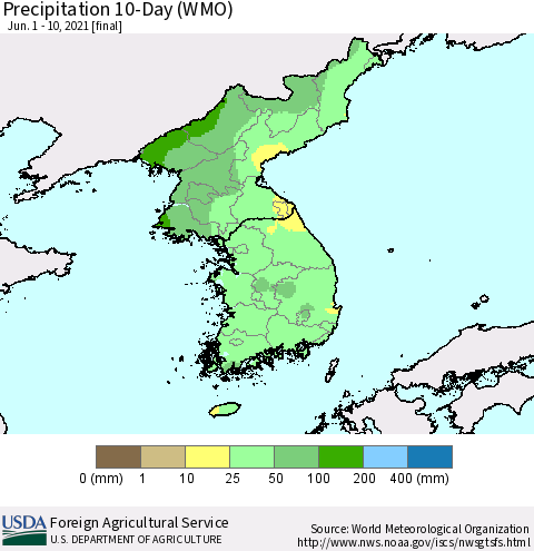 Korea Precipitation 10-Day (WMO) Thematic Map For 6/1/2021 - 6/10/2021
