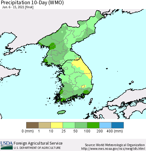 Korea Precipitation 10-Day (WMO) Thematic Map For 6/6/2021 - 6/15/2021
