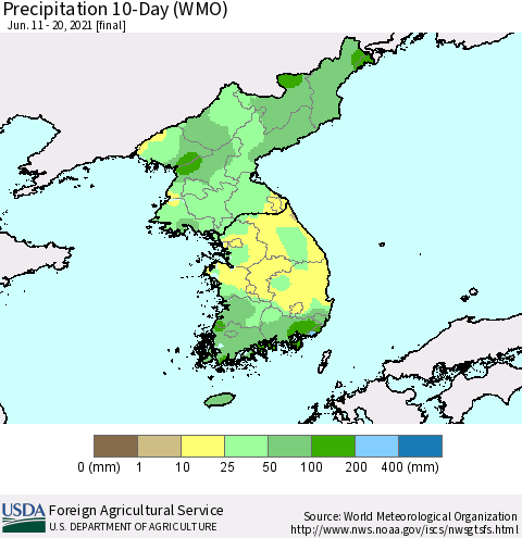 Korea Precipitation 10-Day (WMO) Thematic Map For 6/11/2021 - 6/20/2021