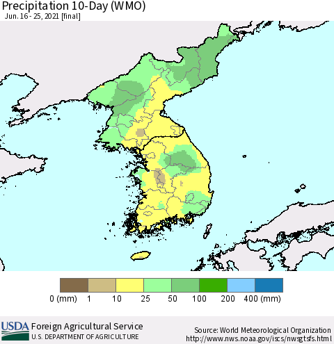 Korea Precipitation 10-Day (WMO) Thematic Map For 6/16/2021 - 6/25/2021