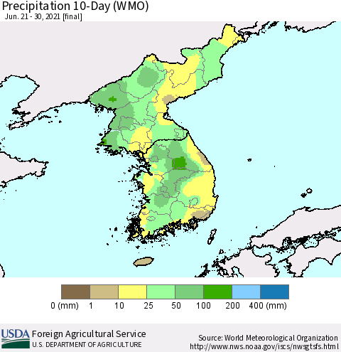 Korea Precipitation 10-Day (WMO) Thematic Map For 6/21/2021 - 6/30/2021