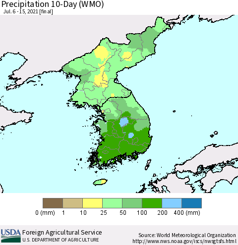 Korea Precipitation 10-Day (WMO) Thematic Map For 7/6/2021 - 7/15/2021