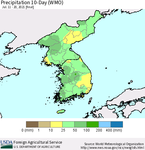 Korea Precipitation 10-Day (WMO) Thematic Map For 7/11/2021 - 7/20/2021